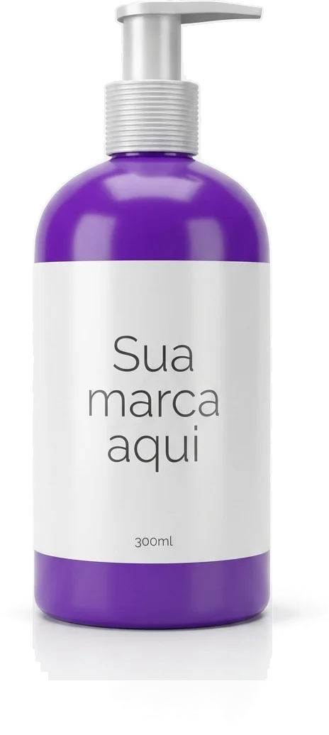 Frasco pump 300ml de produto corporal com o rótulo “Sua marca aqui”