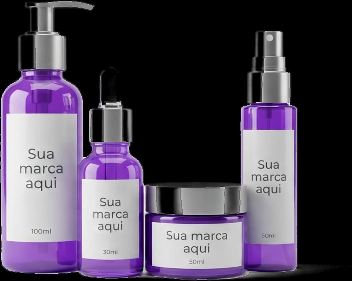 Frascos de cosméticos — pump 100ml, conta-gotas 30ml, pote 50ml e spray 50ml — com o rótulo “Sua marca aqui”